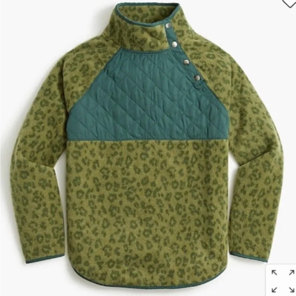 J Crew Quilted Button-Neck Sherpa Pullover Sweatshirt Green Leopard size medium
